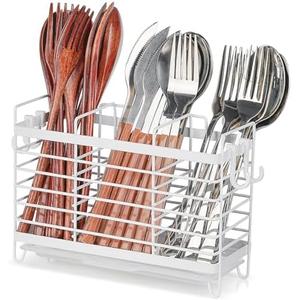 IWNTWY Utensil Holder, Stainless Steel Utensil Drying Rack with Drain Tray for Kitchen Counter, Wall Mounted Silverware Cutlery Holder for Forks, Knives, Spoons, Chopsticks Organizer (White)