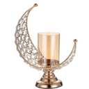 OwnMy Moon Shaped Crystal Pillar Candle Holder Tealight Holder with Glass Cover, Metal Crystal Moon Pillar Candle Stand Votive Candlestick Candle Lamp for Dining Table Centerpiece Wedding (Gold)