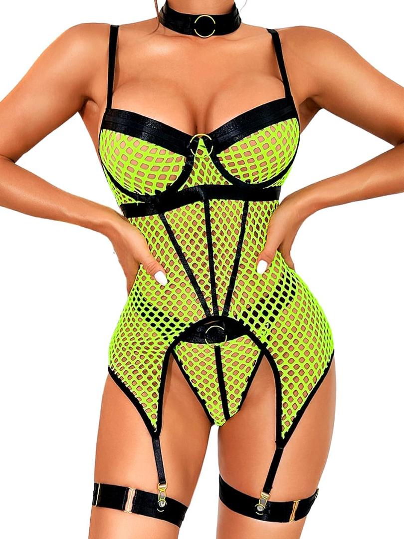 Kaei&Shi Garter Lingerie For Women, Fishnet Mesh Choker Strappy Sexy Lingerie, Rave Outfits Festival Matching 4 Pieces Lingerie Set Blacklight Glow In The Dark Boudoir Neon Green Black, Medium Corset