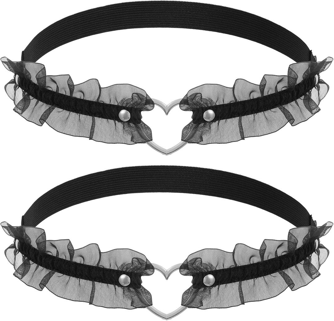 2 PCS Black Heart Thigh Garter Black Lace Garters for Thigh Adjustable Heart Lace Bands Elastic Leg Garters for Women Cosplay Spike Party Music Festival
