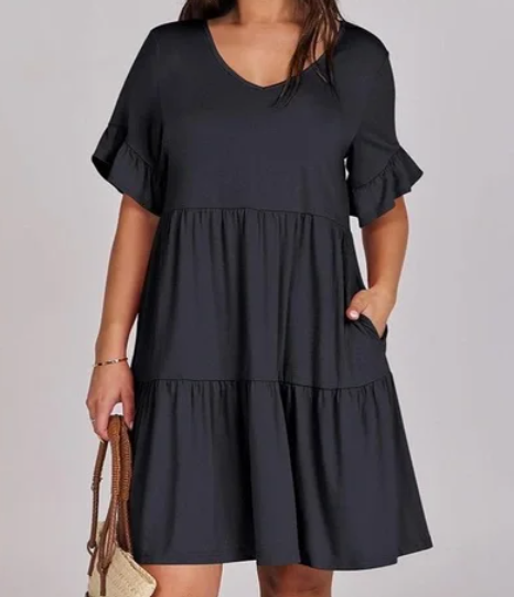 ANRABESS Trendy V Neck Ruffle Short Sleeve A Line Tiered Flowy Casual Mini Dress
ANRABESS Dress black M