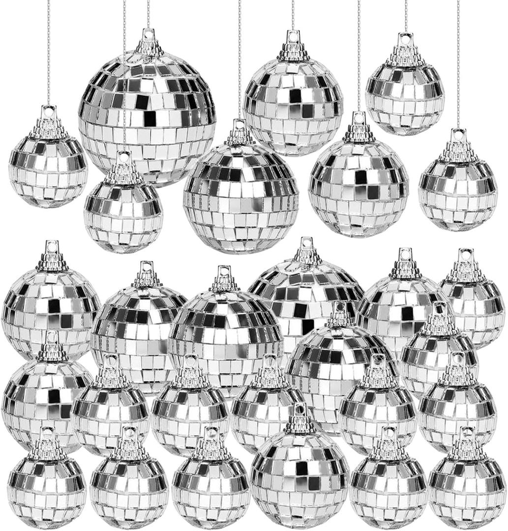 28 Pcs Disco Balls Ornaments Decoration Mirror Disco Ball Silver Ball Christmas Tree Ornaments for Home Holiday Birthday Wedding Dance Music Party Decorations, Assorted Sizes