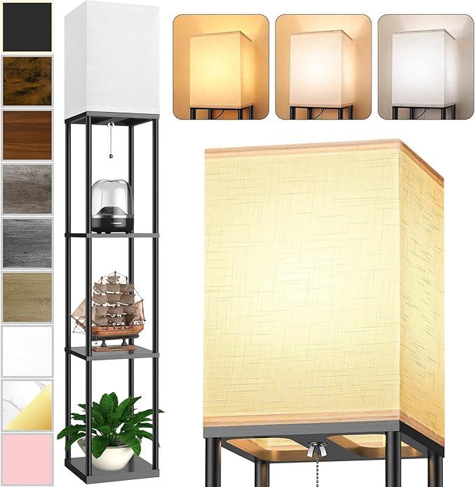Floor Lamp with Shelves for Living Room Natural Wood, Shelf Floor Lamp with 3 CCT LED Bulb, Corner Display Standing Column Lamp Etagere Organizer Tower Nightstand with White Linen Shade for Bedroom