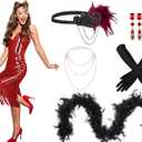 7 Pcs 1920s Women's Flapper Dress Sequin Dress Costume Headwear Earring Necklace Glove Stick Set and Long Feather Boa (XX-Large, Red)