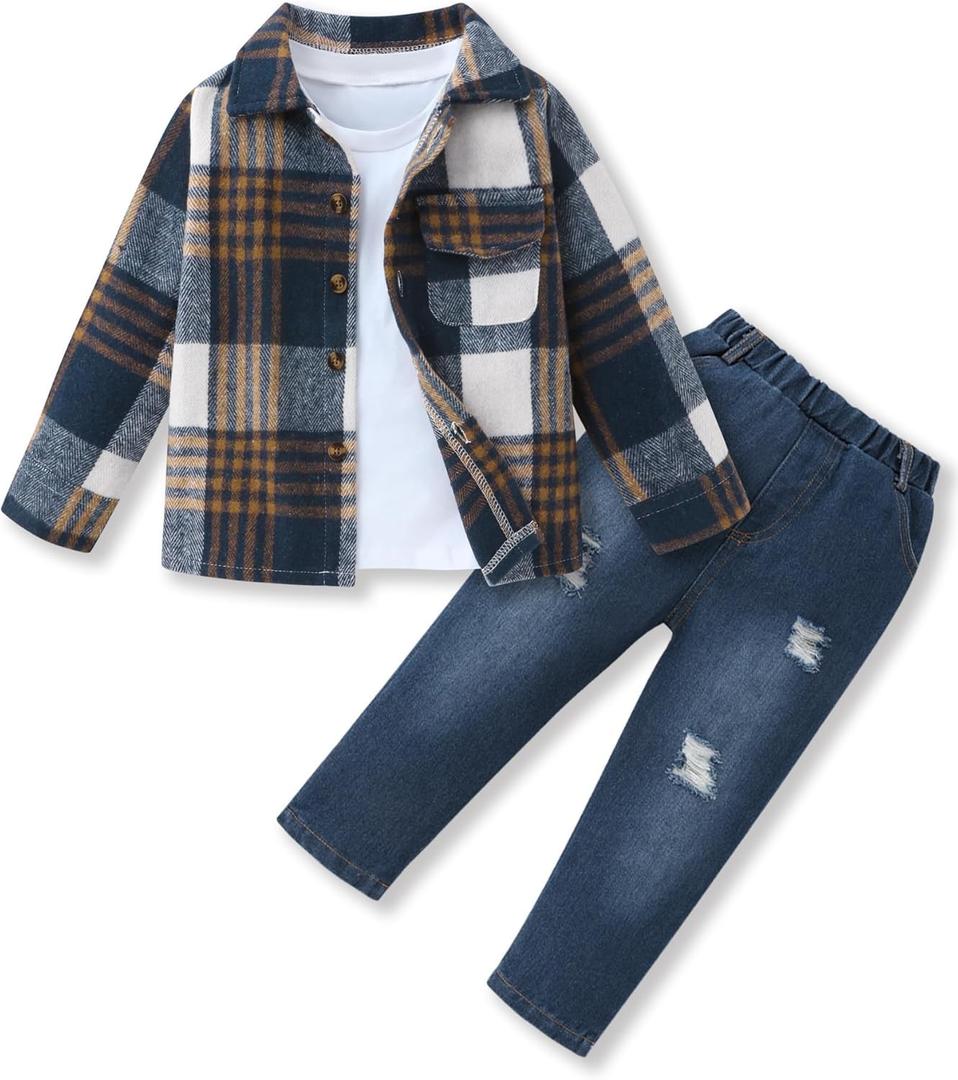 FoWear Toddler Boy Clothes Long Sleeve Flannel Button Down Plaid Shirt+White T-shirt+Pants Boys Clothes Fall/ Winter 2-3T