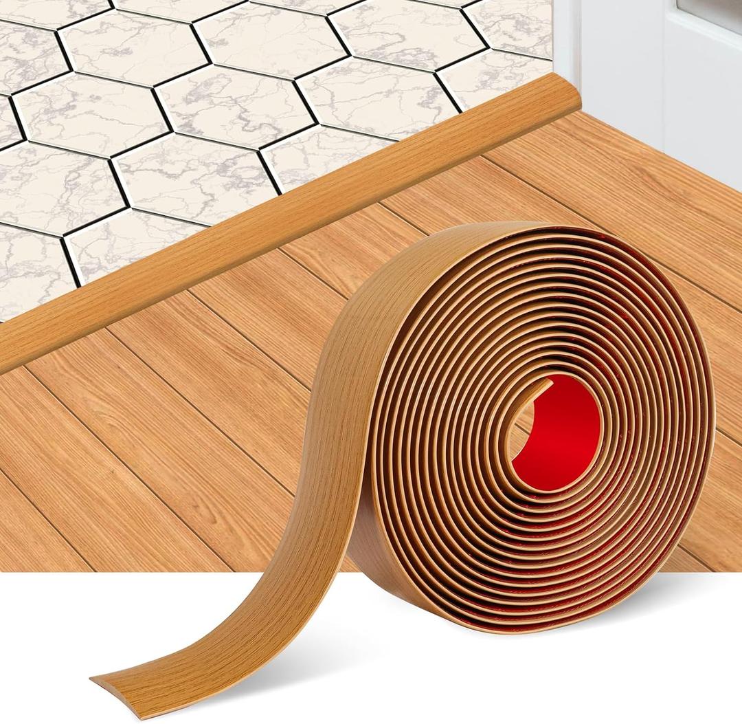 Floor Transition Strip Self Adhesive Floor Cover Strips Laminate 2" Wide Vinyl Flat Divider Transitions Elegant Wood Grain Design (5cm, 20Ft, Light Brown)