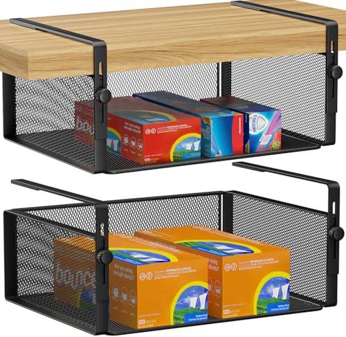 AmonHouseware 2Pack Under Shelf Basket Organizer,Adjustable Hanging Holder for Cabinet Pantry Kitchen Cupboard Desk Counter Bookshelf Organization Add-on Space Saver Heavy Duty Slide-in (Black, Large)