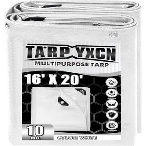 White Tarp 16x20 Feet, 10 Mil Thick Waterproof Poly Tarps Cover UV Resistant, Rip & Tear Proof with Metal Grommets Every 20 Inches