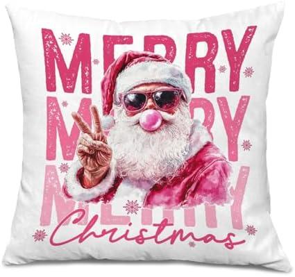 Foritho Pink Merry Christmas Santa Pillow Covers 18x18, Pink Christmas Decor, Trendy Retro Xmas Santa Winter Holiday Decorative Throw Pillow Covers for Home Living Room Bedroom