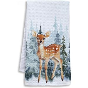 Winter Christmas Deer Kitchen Towels, Deer Gifts, Animal Lover Gifts Dish Tea Towels for Kitchen, Winter Pine Tree Forest Decorative Hand Towel for Kids Bathroom Decor, 16x24 Inch