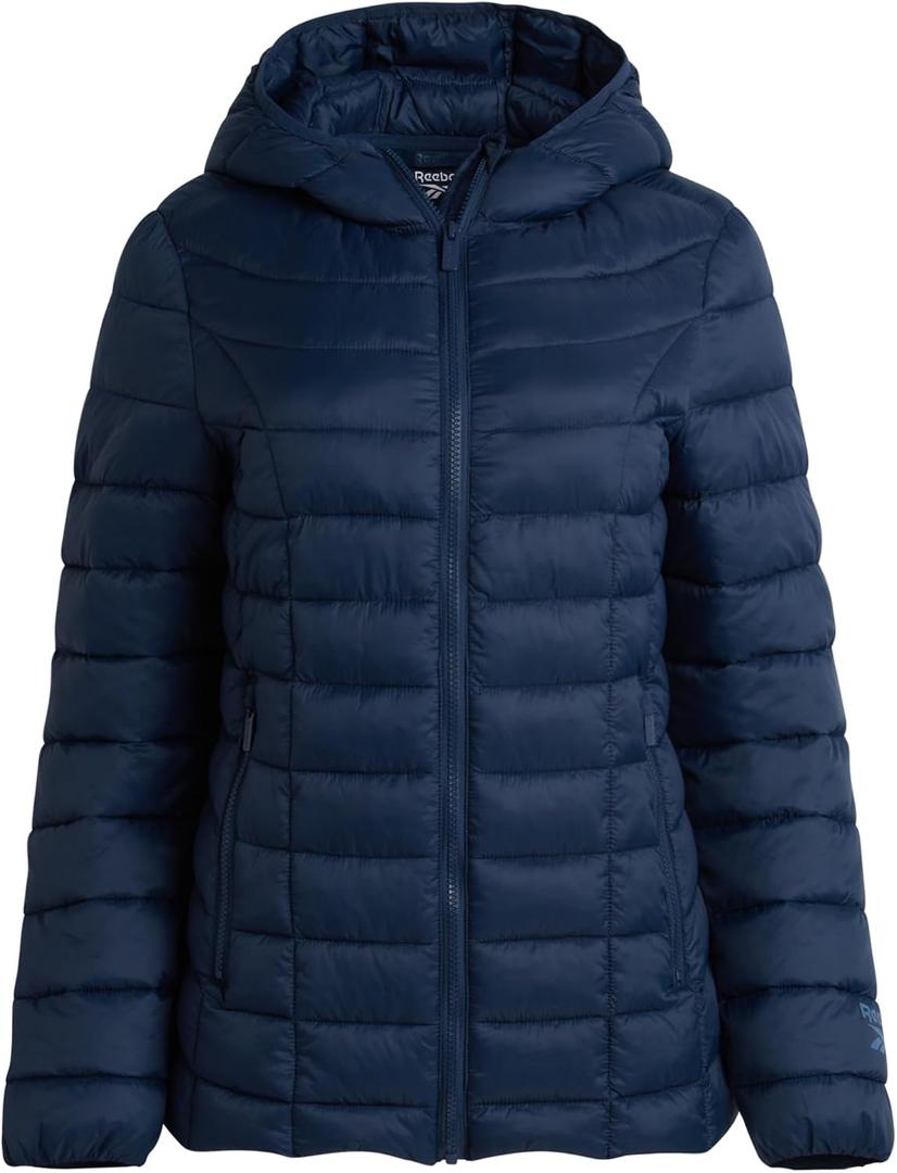 Reebok Womens Puffer Jacket - Lightweight Quilted Snow Glacier Shield Zip Up Bubble Winter Coat for Women with Hood & Pockets, S