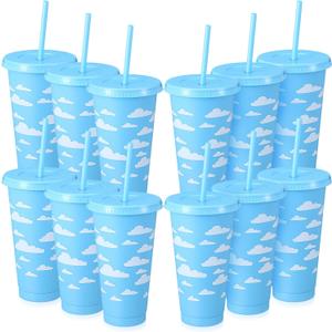 Havawish 12 Pcs Cloud Party Favors Blue White Cartoon Story Party Plastic Tumbler Bulk Gifts with Lid and Straw Reusable Cups Cartoon Birthday Supplies Favors (24 oz)