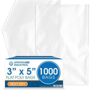 Spartan Industrial - 3" X 5" Open-End Flat Poly Bags (1000 Count) Heavy Duty 2 Mil Clear Plastic for Packaging Cosmetics, Hardware, Crystals (Bags Do Not Have Seal and Do Not Have Prints)