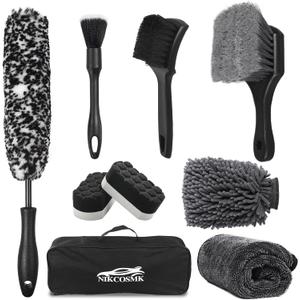 9Pcs Car Wheel & Tire Brush Kit, Wheel Cleaner Brush, Soft-bristled Rim Brush, Car Drying Towel (36"x 24"), Tire Shine Applicator Pad, Car Wash Mitt, Car Detailing Cleaning Wash Brush Supplies Kit
