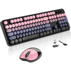 Wireless Keyboard and Mouse, MOFII 104 Round Keycaps Retro Typewriter with OTG & Brush, Full-Size Ergonomic, Ideal for Windows PC, Home, Office and College Peach Pink