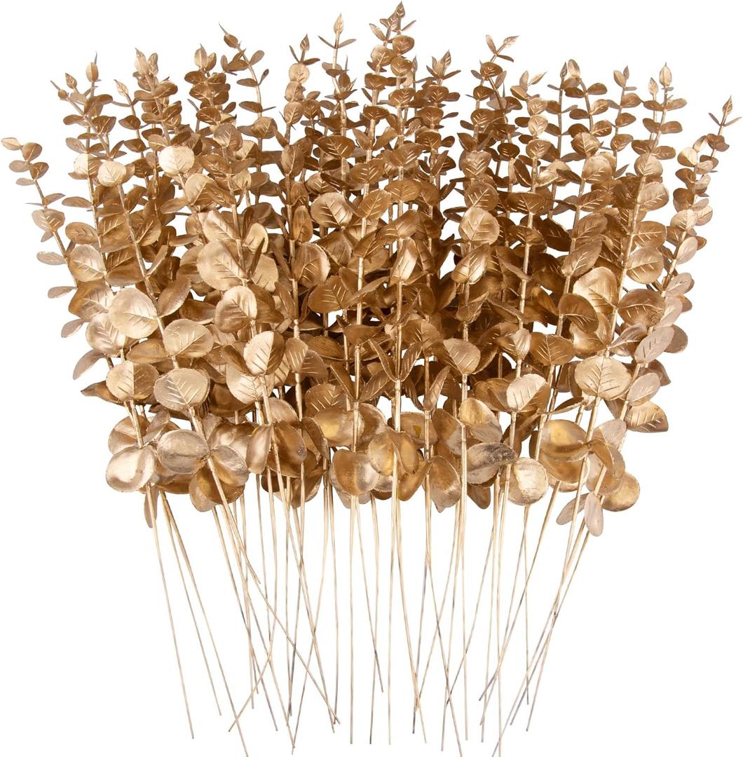 FEQO 36 Pcs Gold Eucalyptus Stems Artificial Leaves Faux Eucalyptus Stems Branches 15 inch for Wedding Bouquet Home Decor