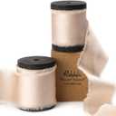 Ribbli Light Champagne Silk Satin Ribbon 1.5 Inch x 12 Yard Handmade Frayed Chiffon Ribbon with Wooden Spool for Gift Wrapping, Wedding Invitations, Bridal Bouquets, Home Decor