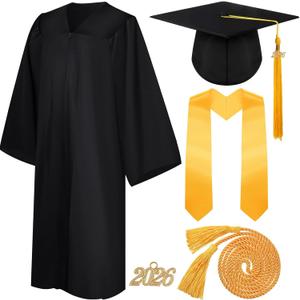 Syhood 4 Pieces 2026 Unisex Graduation Matte Gown Cap Tassel Stole Set Honor Cord for Graduation (Black), 48'', Fits Height 5'3-5'5''