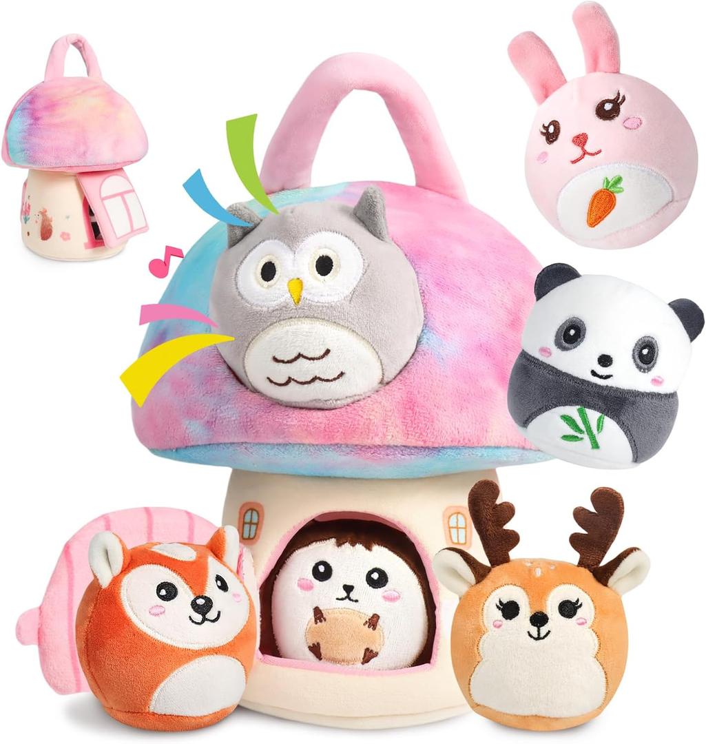 Interactive Plush Mushroom House Playset with 6 Stuffed Animal Toys  Soft Sensory Toy for Babies & Toddlers, Montessori Learning Plush with Crinkle Sounds  Portable Gift for Boys & Girls
