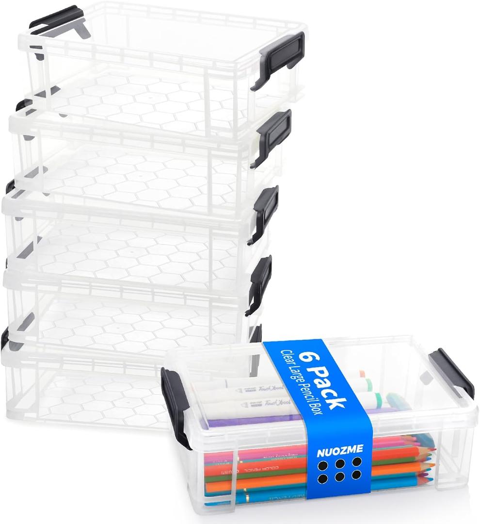 Extra Large Pencil Box, Plastic Hard Pencil Pen Case, Clear Crayon Box Bulk Marker Organizer, Plastic Storage Box Containers With Lids For Craft, Pen, Art, School Office Supplies(Black 6 Pack)