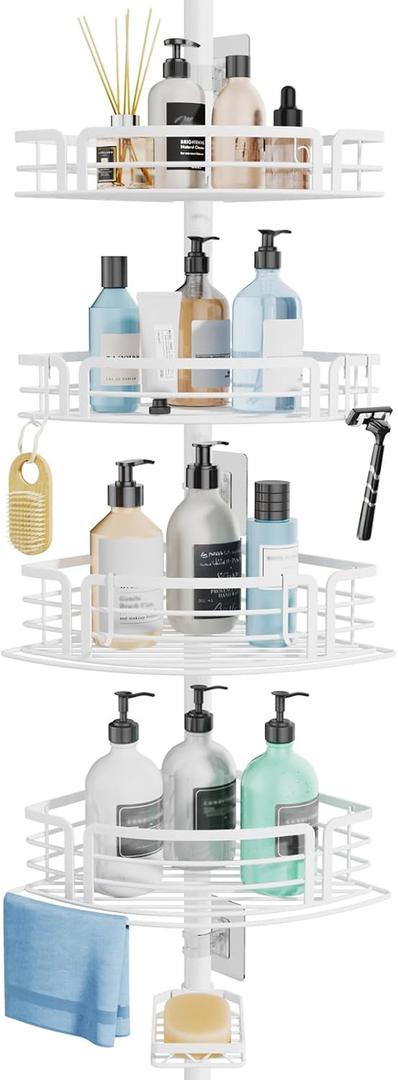 Consumest Corner Shower Caddy Tension Pole - Rustproof Shower Shelves with Towel Bar & Soap Holder, Adjustable Bath Organizer for Bathroom Storage, 27.6-108.3 inch, White