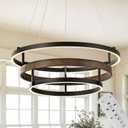 Modern LED Chandelier with Remote, Dimmable Ring Pendant Light Walnut Wood Black Circular Chandeliers for Dining Room Living Room Entryway Bedroom Office