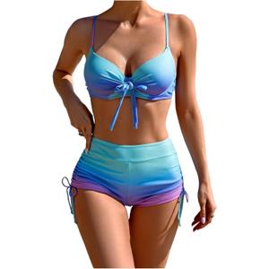 SweatyRocks Women's Ombre Print Underwire Bikini Set Push Up Ruched Shorts Bathing Suit (Medium, Blue)