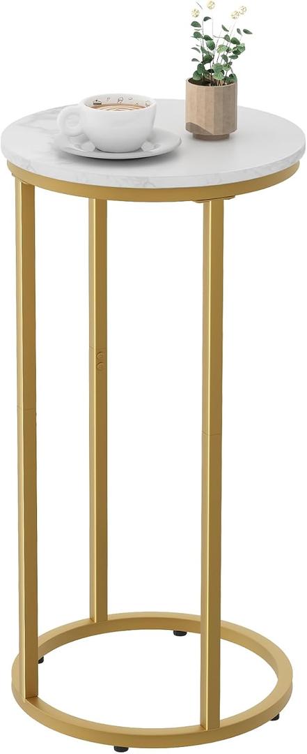 C Shaped End Table, Couch Side Tables for Living Room, Round Sofa End Table with Metal Frame, Small Wooden Snack Table for Bedroom, Small Spaces, Easy Assembly (Gold)