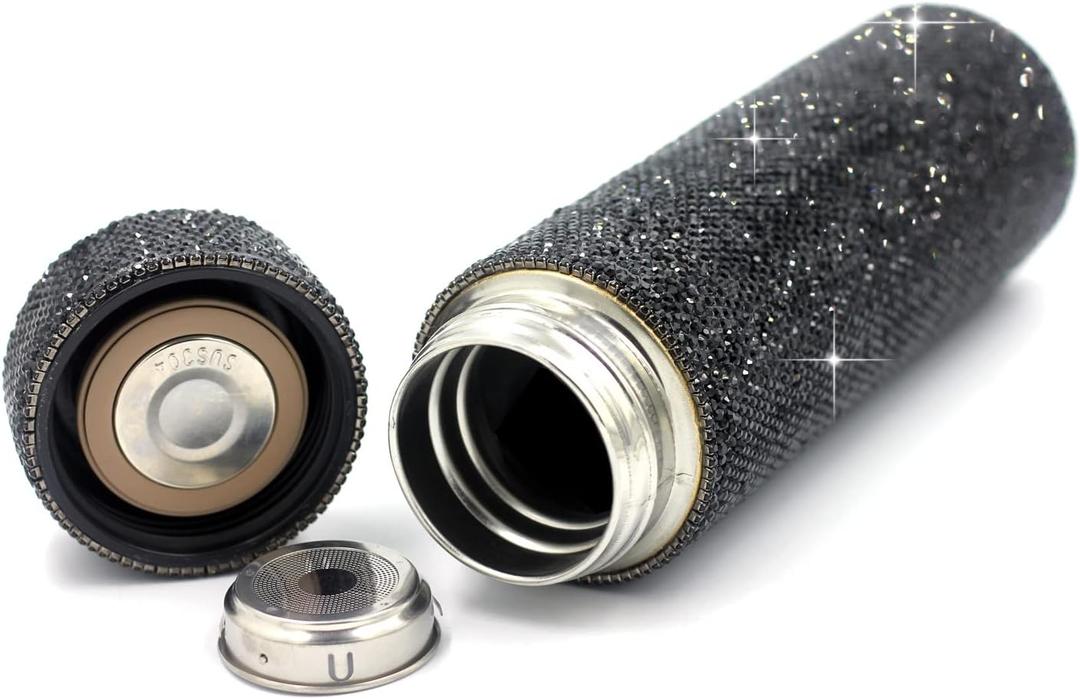 Bling Rhinestone Stainless Steel Water Bottle - 17oz Vacuum Insulated Diamond Tumbler, Gift for Women, Girls and Kids - Sparkling Silver Glitter Cup (Black)