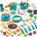 60Pcs Kids Mini Play Kitchen Accessories, Pretend Cooking Play Set with Cookware, Tableware & Fruit & BBQ Sets, Learning Gift for Boys, Girls, Toddlers,Green