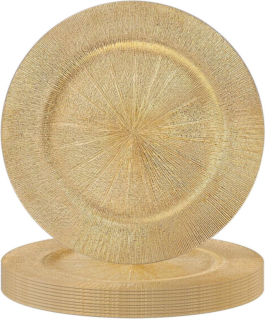 MAONAME Gold Charger Plates Set of 10, Round Table Chargers for Dinner Plates, Plastic Plate Chargers for Table Setting (Glitter Gold)