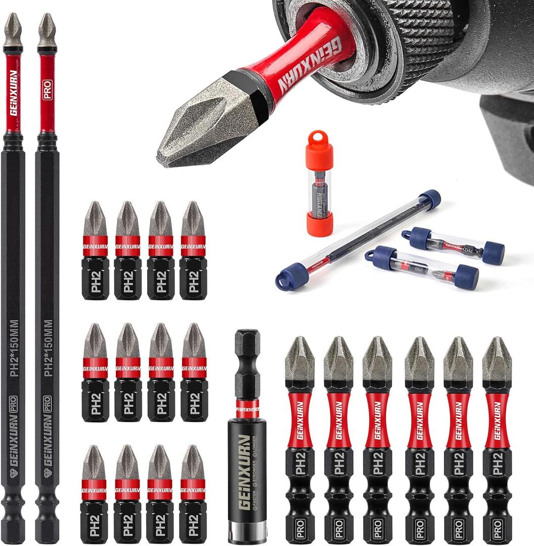 Geinxurn 20Pcs Multi-Size Diamond Coated Impact Screwdriver Bit Set, #2 Phillips Power Driver Bits, Magnetic S2 Steel PH2 Screwdriver Bits Set with 1Pcs Screwdriver Bit Holer