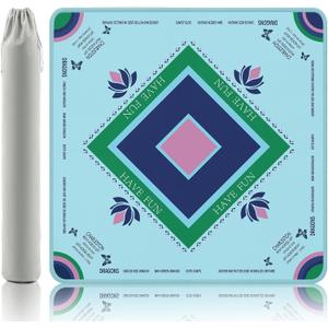 Turquoise Mahjong Mat with Lotus & Butterfly Artwork - 32.4x32.4 Inch Hand-Painted Style Rubber Mat, Zen Decor Waterproof Surface, Anti-Slip Foldable Design for Asian-Themed Game Nights