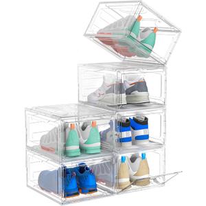 Upgrade Harder Solid Plastic Shoe Organizer, Shoe Storage with Magnetic Front Door, Shoe Rack 6 Pack Shoe Boxes Clear, Sneaker Storage, Shoe Organizer for Closet, Shoe Display Case, White