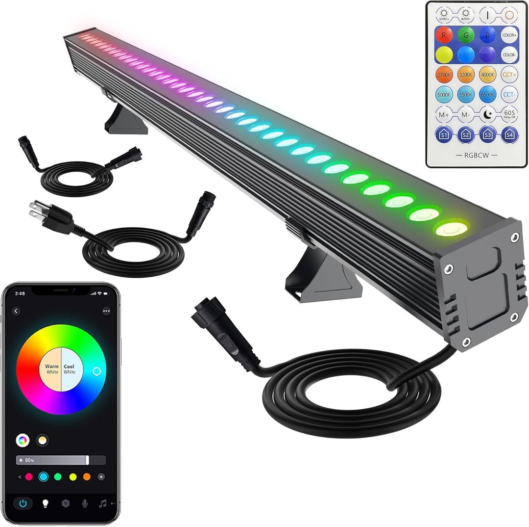 Linkable RGBCW LED Wall Washer Light, IP65 Waterproof Color Changing Light Bar for Outdoor Wall Wash, 180W Dimmable Uplight with APP & RF Remote Control, Music Sync, Timer (40" 180W RGB+Tunable White(2700-6500K))