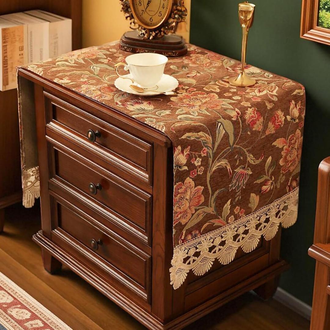 Nightstand Cover Lace Brown, Jacquard Floral Topper, 15.7x43.3 Inch | Lace Nightstand Cover Rectangle, Brown Jacquard Floral Protector, Non-Slip Silicone Back, Machine Washable, End Table Cloth