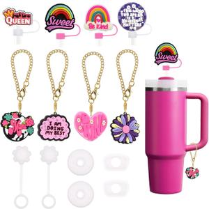 Stanley Cup Accessories Set,4 Pcs 0.4in Straw Cover,4 Pcs Handle Charms,2 Silicone Spill-Proof Stopper Set of 3 for Stanley Cup 2.0 40oz/30oz Tumbler