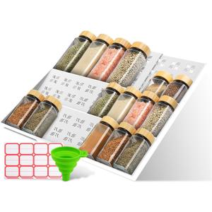Spice Drawer Organizer 3-Tier Expandable (11"-22" Wide), Spice Rack for Cabinet with Funnel & Spice Labels, Fits Large Jars, Seasoning Storage Insert Design for Cabinet & Drawer (White)