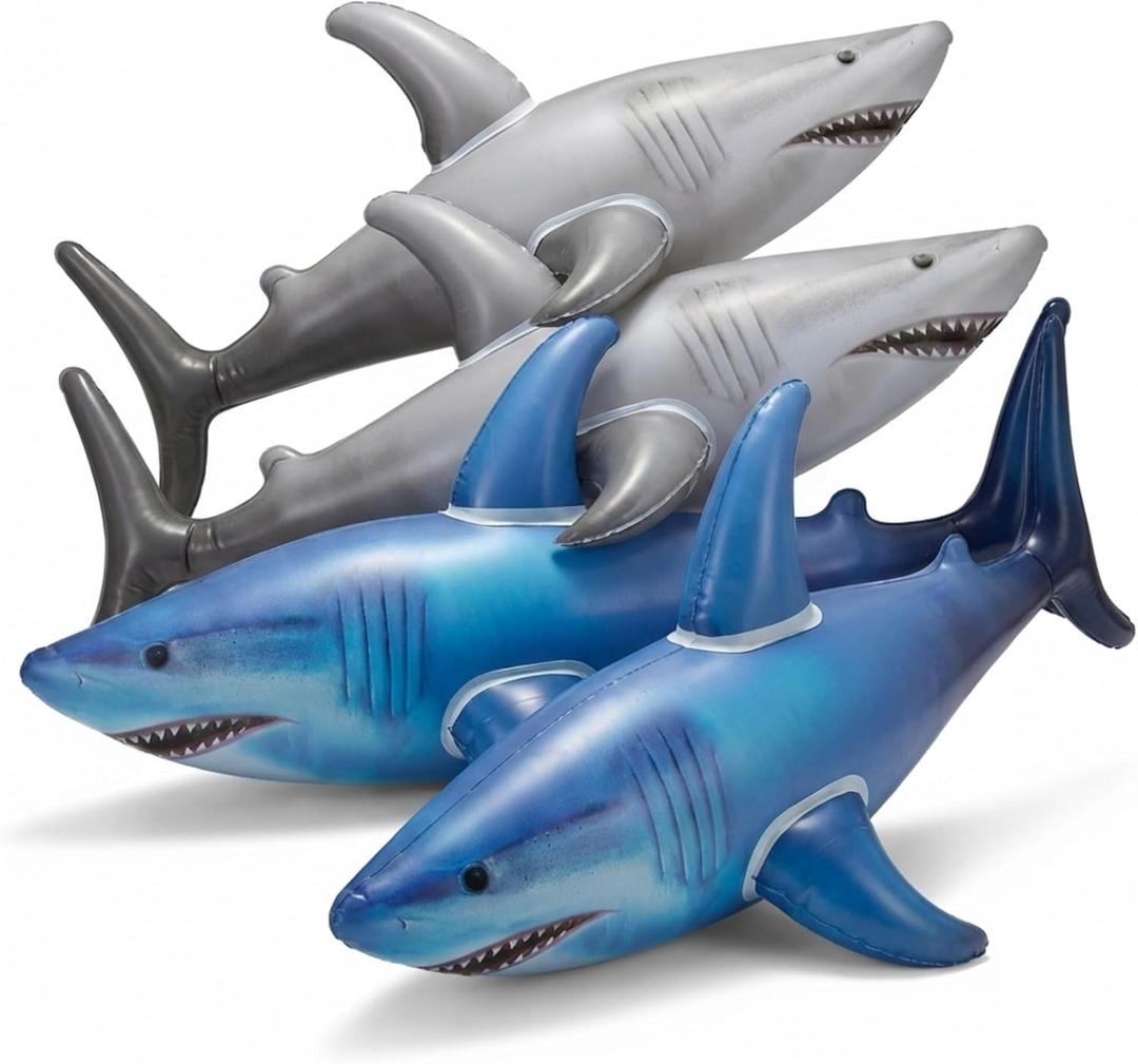 Inflatable Shark Birthday Party Decorations & Pool Toys - 4 Pack (2 Grey, 2 Blue) Large 23-Inch Blow-Up Shark Float Party Supplies for Kids or Adults Birthday, Beach, Summer Games & Party Favor Gifts