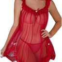 OYOANGLE Women's 2 Piece Mesh Sheer Floral Lace Babydoll Slip Dress Nightgowns and Thong Lingerie Set Size M
