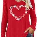 Boikukx Valentine V Neck Shirt for Women Cute Love Heart Long Sleeve Casual Tee Tops S Red