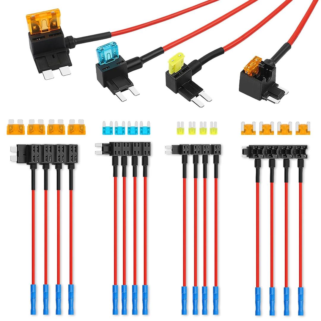 16 Pack 4 Types Fuse Tap, Upgraded 12V Car Add a Circuit Fuse Tap Kit - Standard Mini Micro2 and Low Profile Mini Fuses Taps, ATO ATC ATM APM Fuses Adapter Jumper for Cars Trucks Boats