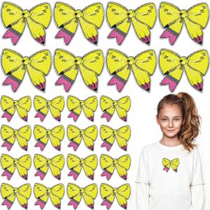 Suncalla 24 Pcs Pencil Bow Sequin Iron on Patches for School Teacher, 2.4 x 2 inches / 6 x 5 cm