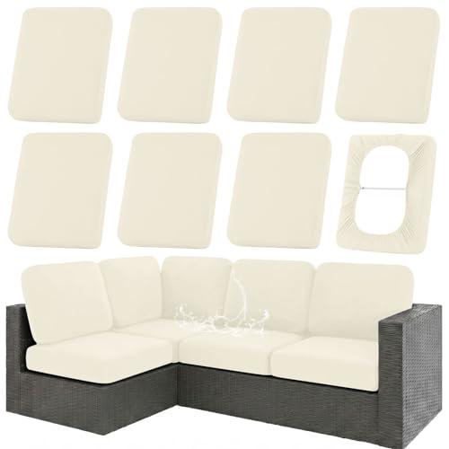 hyha Waterproof Outdoor Cushion Covers for Patio Furniture, Stretch Patio Chair Cushion Slipcovers, Coated UV Resistant Replacement Seat Covers, Solid Color (Beige, 8PC)