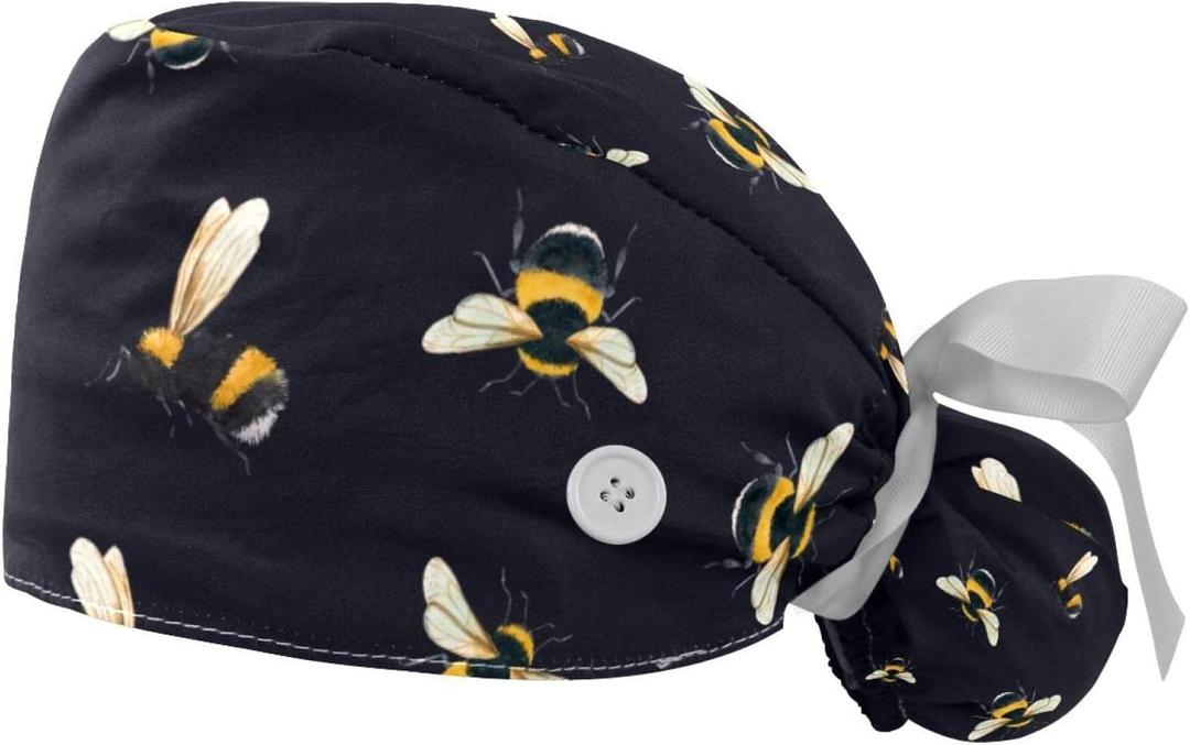 LORVIES 2 Pieces Adjustable Working Cap with Buttons and Ribbon Tie for Women Long Hair, Beautiful Bumblebee Bee (Black)