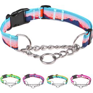 Martingale Dog Collars with Stainless Steel Chain, Reflective No Pull Walking Training Collar with Quick Release Buckle, Adjustable Slip Chain Nylon Dog Collars for Small Dogs (Blue and Orange)