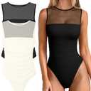 OQQ Women 2 Piece Bodysuit Mesh Ruched Sleeveless Turtle Neck Shapewear Body Suits One Piece Leotard Shirt Going Out Tops, M