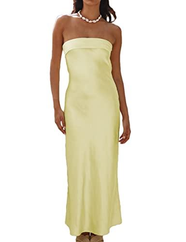Realtix Satin Silk Backless Tube Tops Maxi Dress for Women Low Back Hollow Out Elegant Strapless Long Dresses Wedding Guest, Medium
