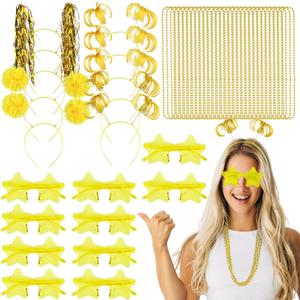 50 Pcs Gold Holiday Team Spirit Party Accessories Graduation Pom Pom Party Headbands Star Shape Sunglasses Bead Necklaces Stuff Favors for Birthday Wedding Supplies(Classic)