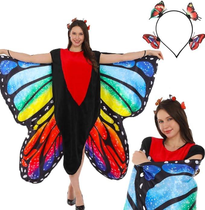 Butterfly Costume for Adult Butterfly Wings Halloween Colorful Wings Costumes Funny Fancy Dress Cosplay (Orange and Blue)